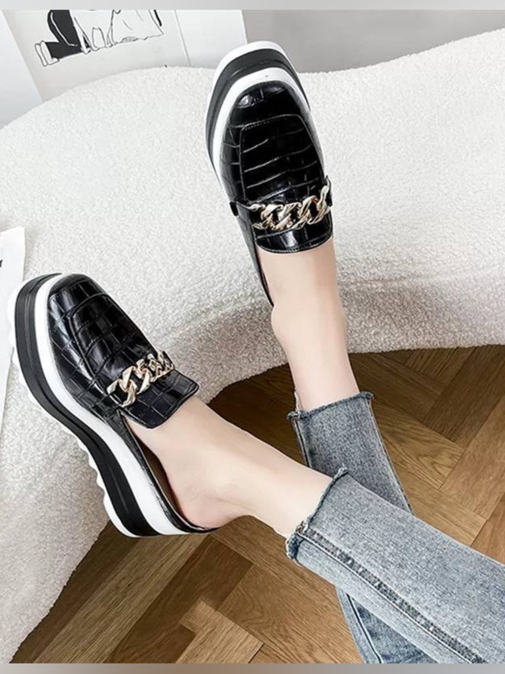 Black Chain-Trim Platform Loafers - Women